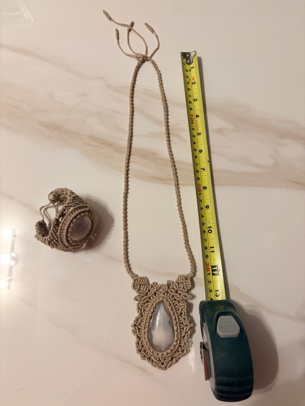 Handcrafted Beige Macrame Necklace with White Agate Pendant